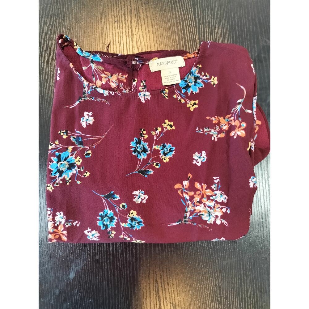 Passport Women’s XL Burgundy Floral Blouse Long Sleeve Ruffle Cuff Top - Picture 6 of 8